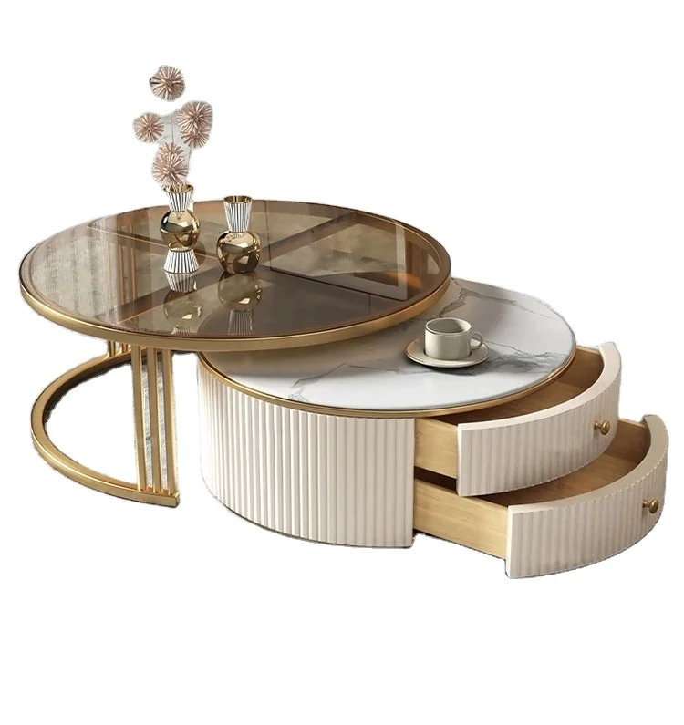 Современный золотистый роскошный стеклянный круглый кофейный столик, мраморный чайный столик, Минималистичная белая металлическая живопись от производителя, отличная комната на заказ