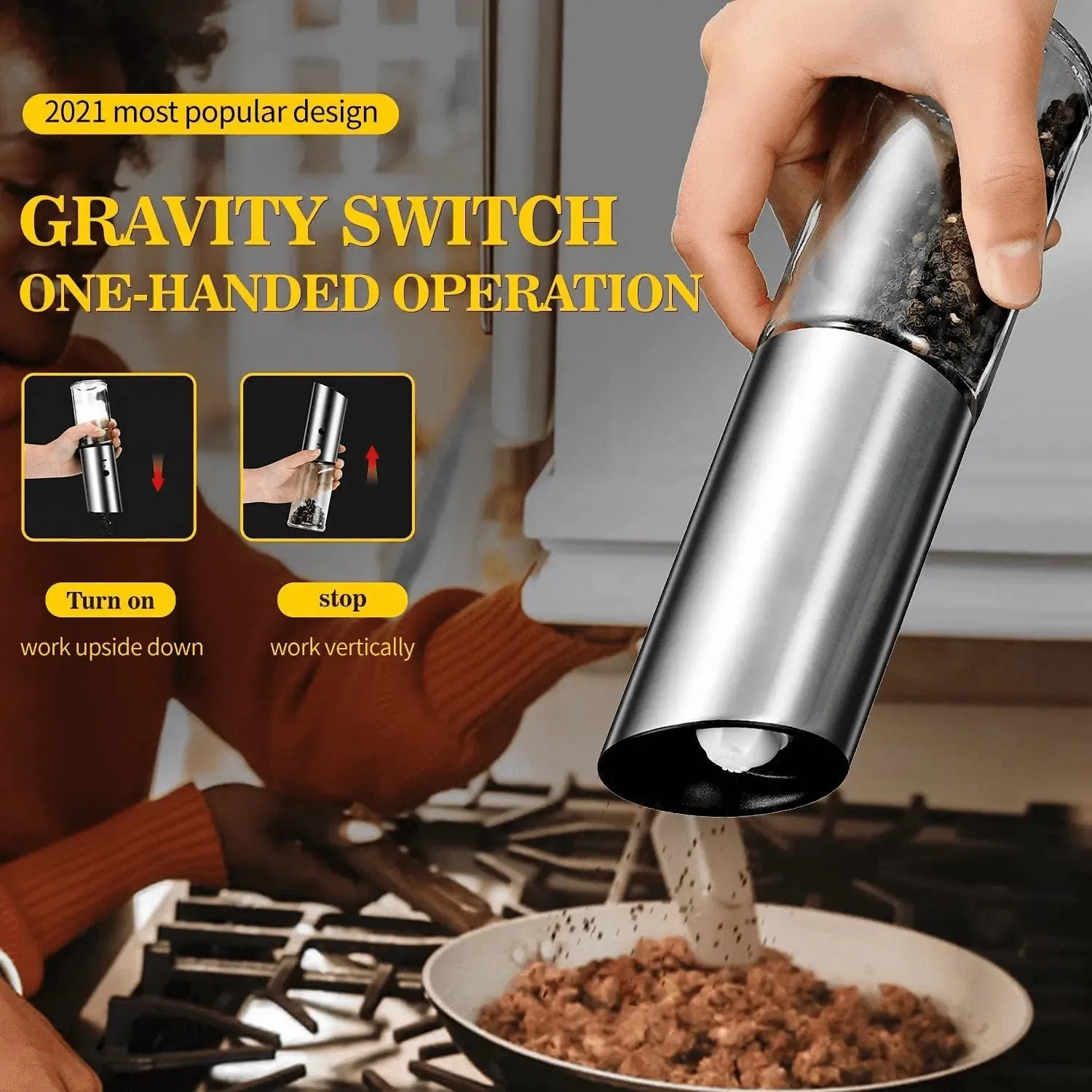 Wholesale USB Rechargeable Ceramic Burr Manual Spice Mill Gravity Electric Salt and Pepper Grinder Set with LED Light