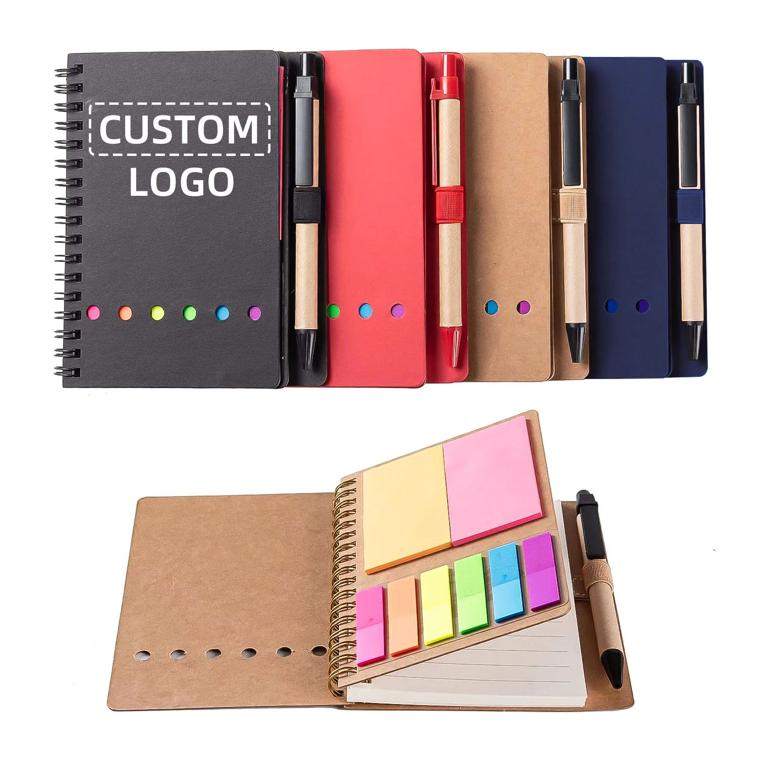 Custom Printed LOGO Hardcover Spiral Kraft Paper Notebook A5 A6 Mini Small Memo Pad Sticky Journal Notebook With Pen