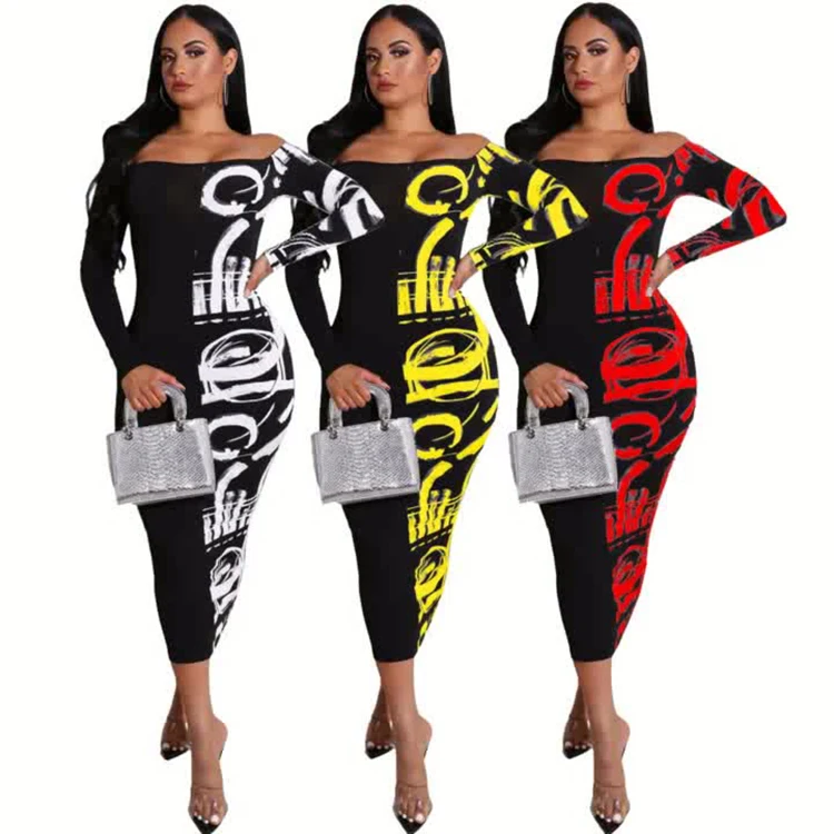 
2021 Hot Sales New Style Women Bodycon Printing Off-Shoulder Stitching Lady Casual Long Dresses 