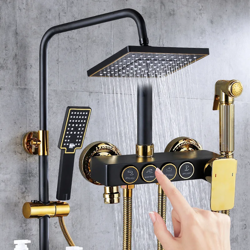 Rain thermostatic ducha bath gold water mixer system faucet bathroom shower set gold