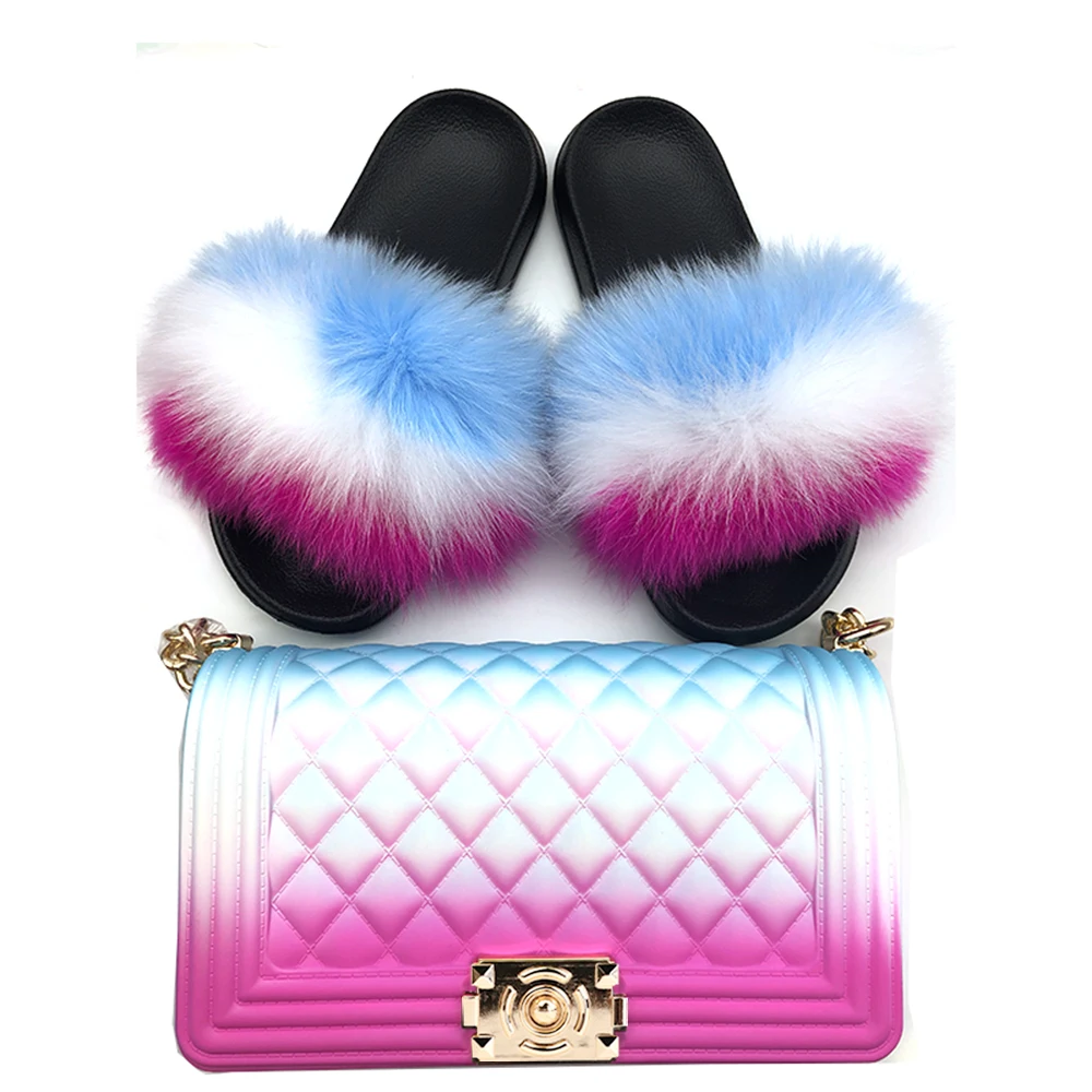 Fashion Outdoor Soft Real fluffy Flip Flops Home Sets Sandals 2019 Fur Slides And Matching Purses Slippers Women Fur Slides