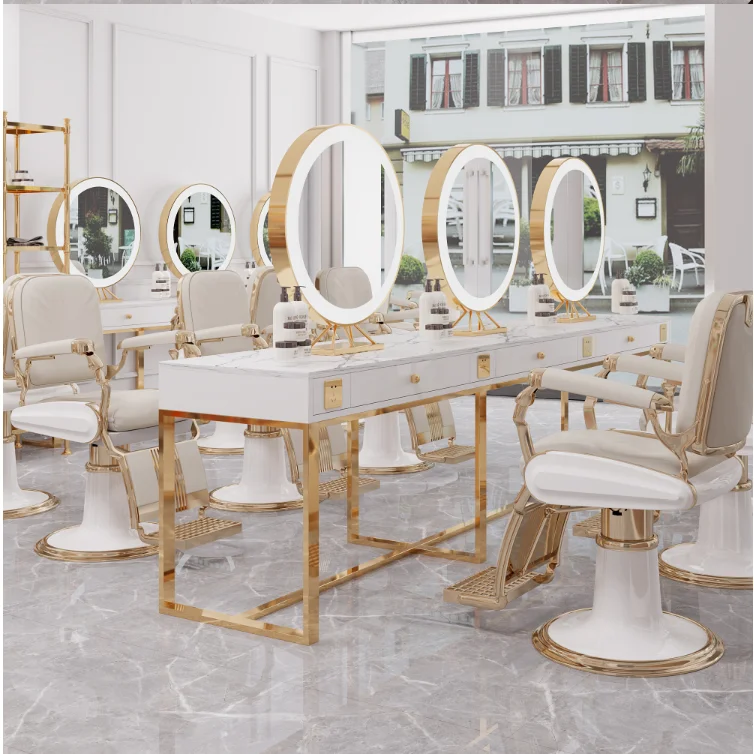 
Marble barber shop double-sided mirror hair salon studio dyeing table hair salon mirror table with light 