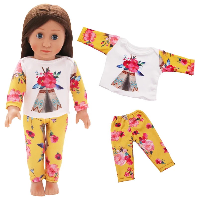 Aliexpress Fashion Wholesale  18-inch American Doll Cotton Print Soft Casual Long sleeves Pajamas Set Elastic Doll Clothes