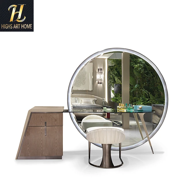 Italian Light Luxury Large Round Mirror Dresser Home Bedroom Post Modern Simple Solid Wood Makeup Table