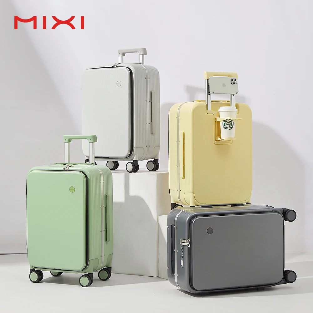 Mixi cup holder carry on suitcases maletas de viaje USB charge port aluminum trolley hook cabin luggage suitcase on wheels