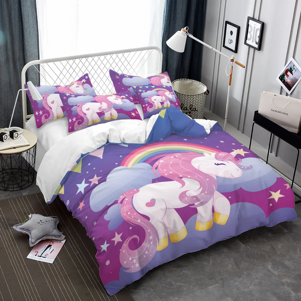 Customized cartoon unicorn design 3D digital printing bedsheet 4 bedding set for