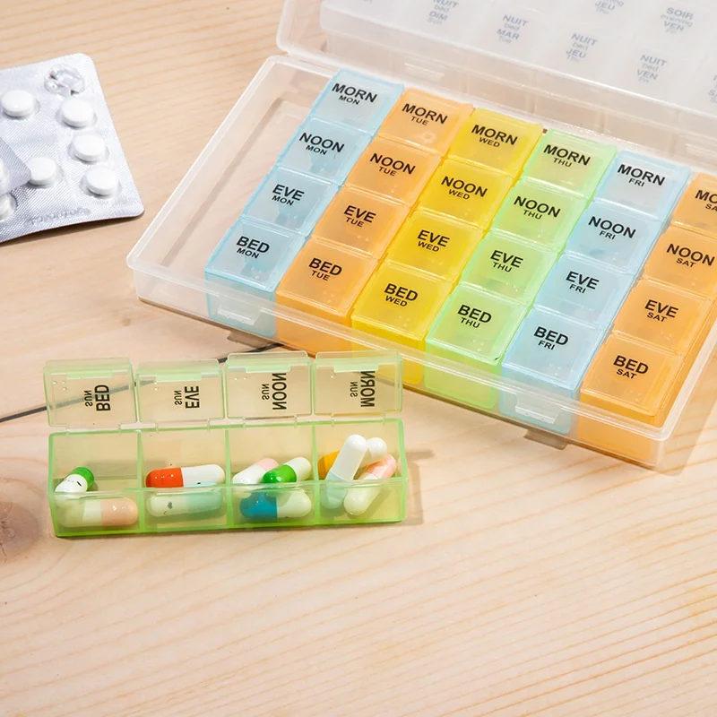 Hot Sale Decorative 28 Compartments Large Colorful Travel Weekly Pill Box Pill Case 7 Day 4 Times Pill Organizer