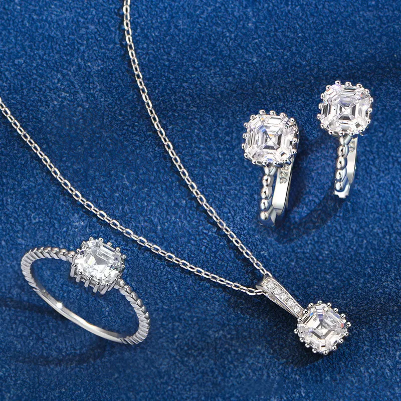 Fashion Jewelry Sets Diamond Sterling Silver 925 High Quality Necklace Earrings Ring Wedding Three Piece Set Jewelry For Women
