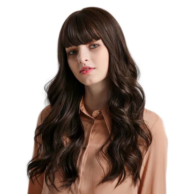 
 Оптовая продажа, коричневый длинный волнистый кудрявый синтетический парик с челкой, натуральные парики для женщин  