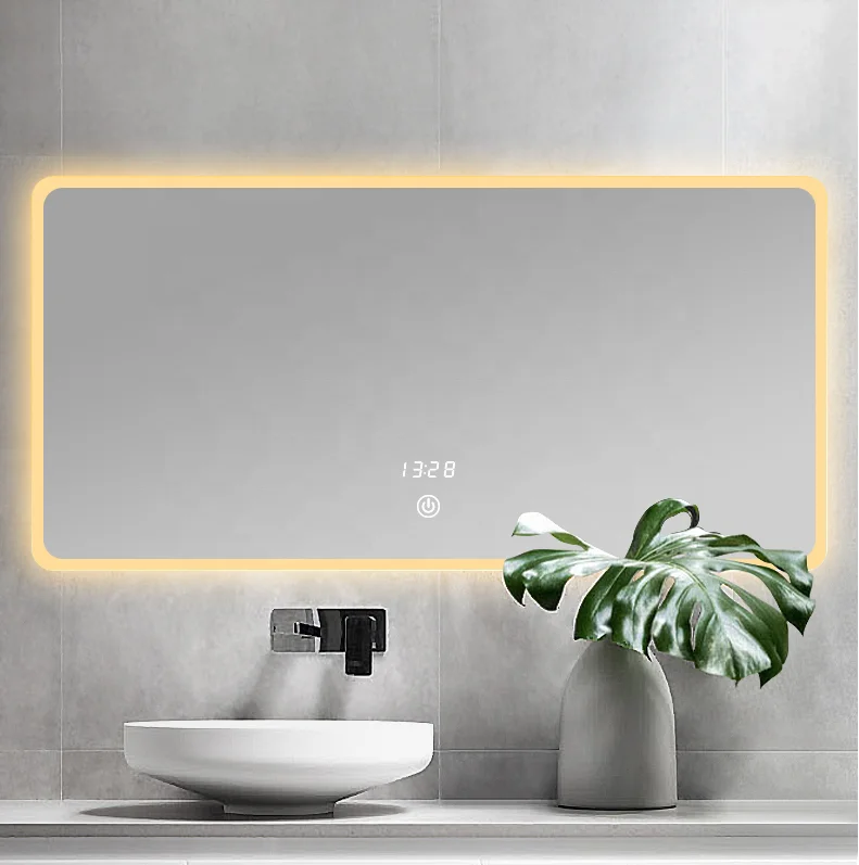 hot sale modern simple style intelligent bathroom ip66 Led mirror with time and temperature