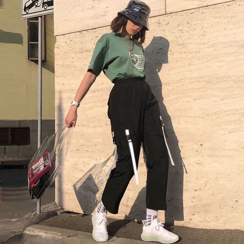 
Street Wear Drawstring Palazo Pants Women With Buckle Up Reflective Stripe Tape 