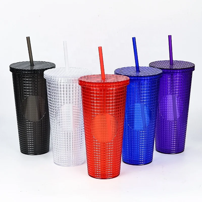 Оптовая продажа, многоразовые пластиковые кофейные чашки 24 унции, стаканы с трубочкой, чашка с двойной стенкой с квадратной текстурой