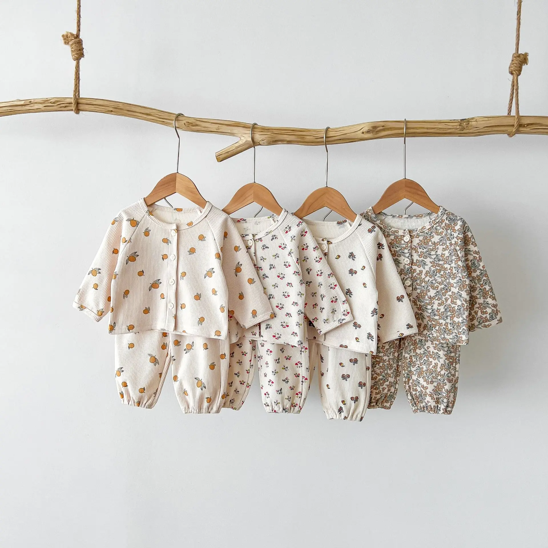 Baby Autumn Clothing ins Korean Baby Home Furnishing Net Red Long Sleeve Waffle Top Pants Two Piece Set