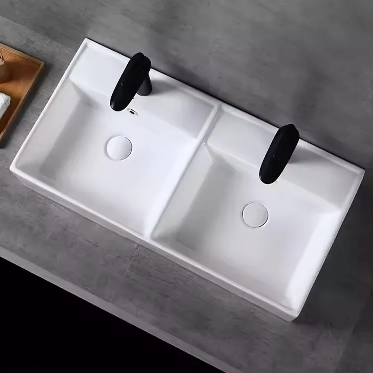 Modern Rectangular White Ceramic Double Bowls Countertop Vanities Lavabos Bathroom Art Wash Basin Sink