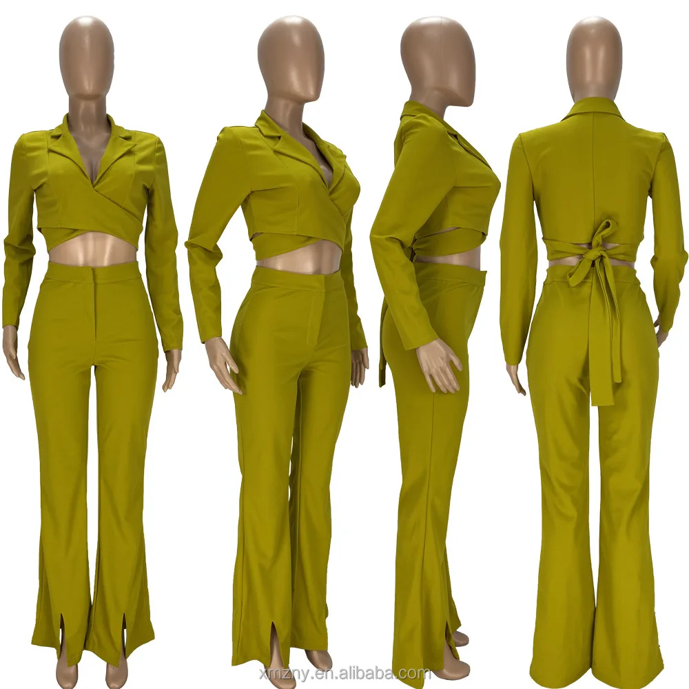 Fall 2022 Solid Blazers And Pants Two Piece Set Cross Straps Top Split Wide Leg Pants Two Piece Set Women Casual Clothing