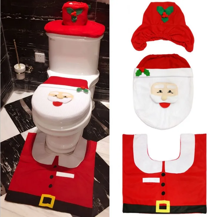 
Snowman Santa Toilet Seat Cover and Rug Set Red Christmas Decorations Bathroom 