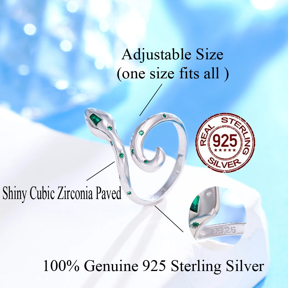 Fashion Design Cubic Zirconia Diamond 925 Sterling Silver Snake Ring Woman Bulk Resizable Ope Size Thin Snake Rings for Lady