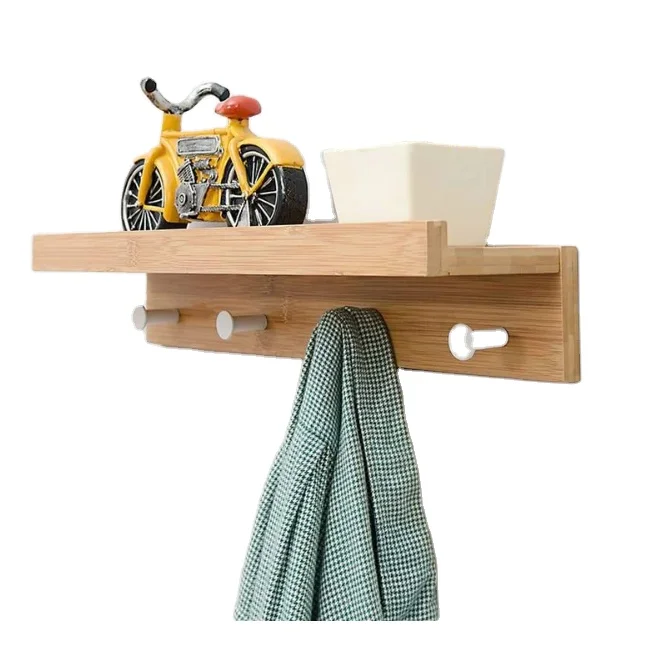 Hot sale home entray solid wood cloth wall shelf with hooks