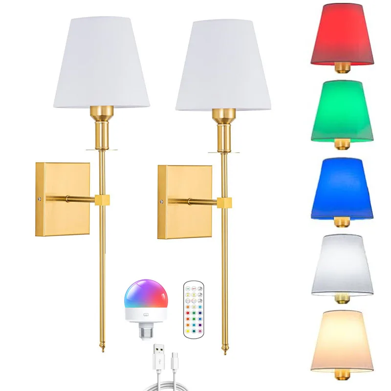 RGB перезаряжаемый светодиодный настенный светильник с железным телом бежевый тканевый абажур для помещений беспроводной пульт дистанционного управления для гостиной