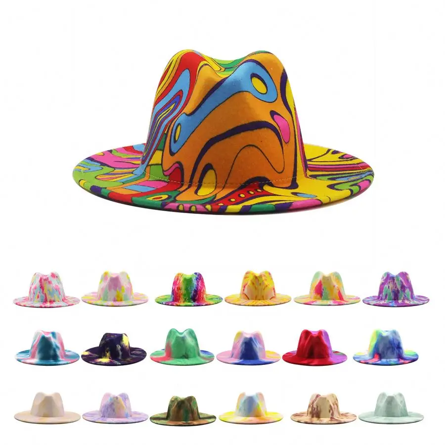 Free shippingTie Dye Fedora Hats Women Sun beach Hats Wide Brim Graffiti Winter Four Seasons Two Tone Felt women Men Fedora hats