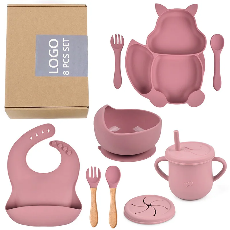 BPA Free baby feeding & nursing supplies 10 pcs set silicone suction plate bowl cup bib spoon newborn tableware baby feeding set