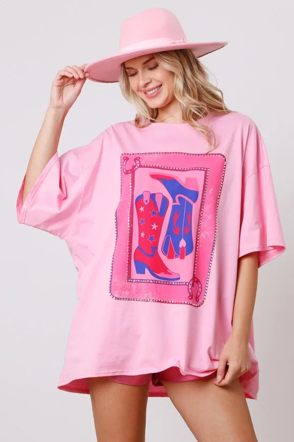 WINGTU Custom Short Sleeve Sequin Shirt Animal Cowboy Boots Print Diamond T Shirt For Women