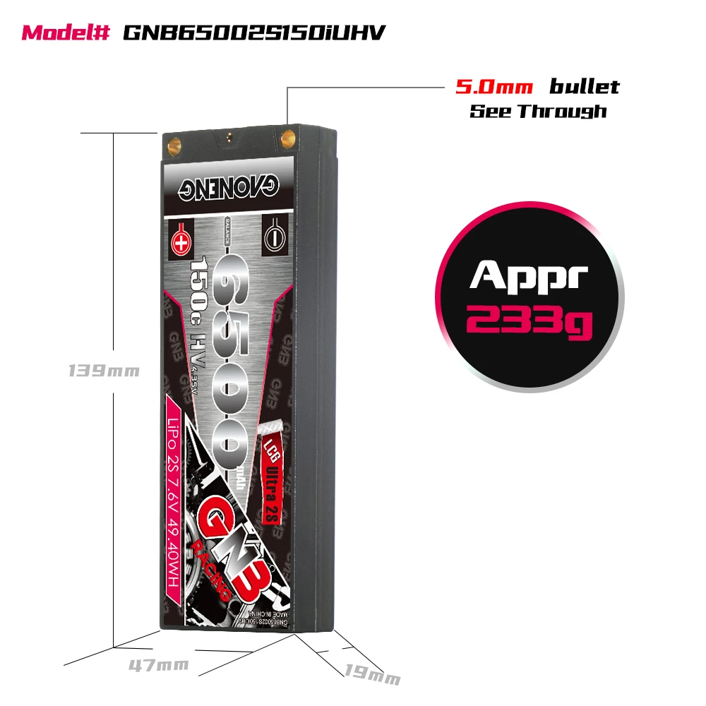 GNB GAONENG 6500MAH 2S HV 7.6V 150C RC LiPo Battery Ultra LCG 2S 5mm Built-in Bullet Hard Case Competition Pack 1/10 RC Car Boat