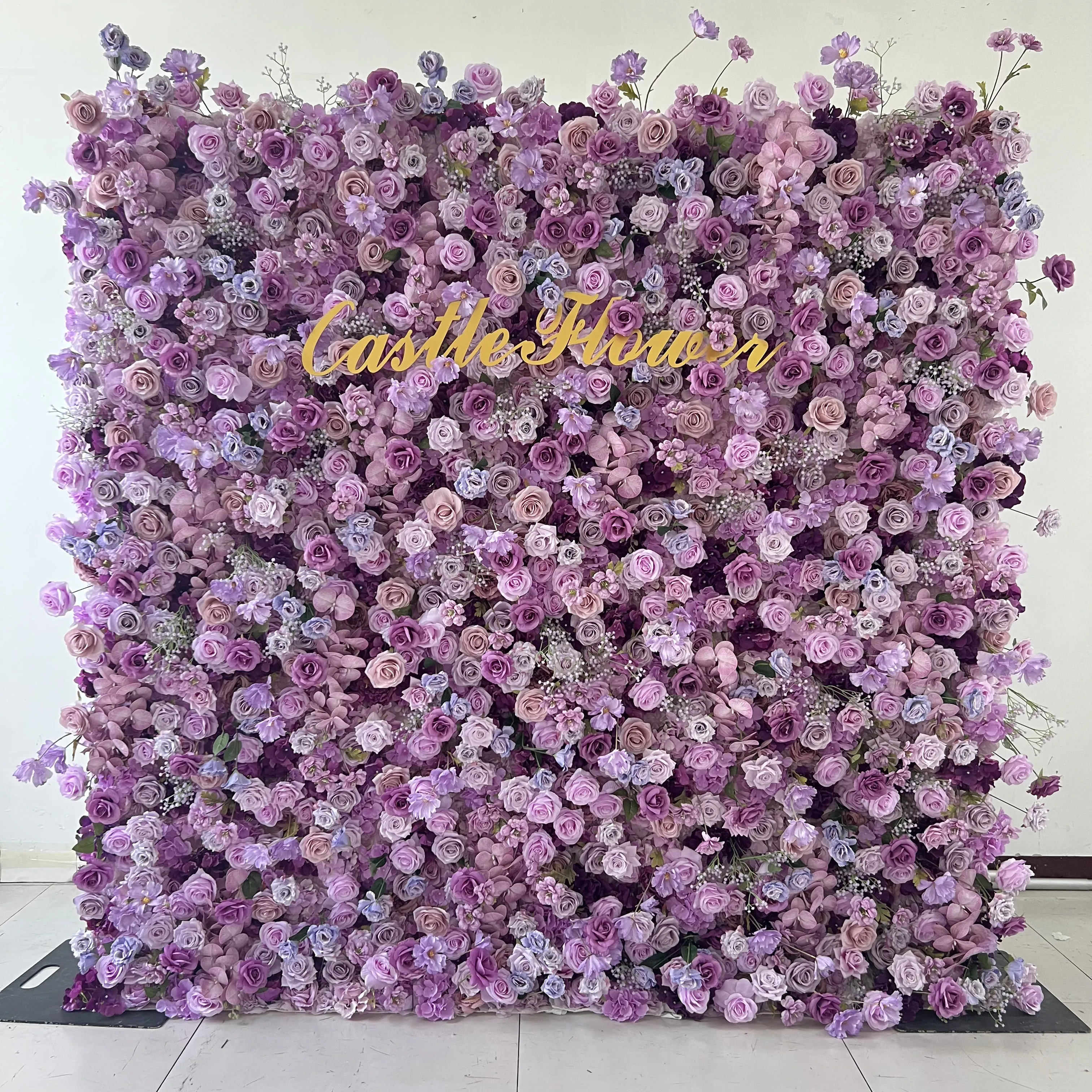 FW654 Wholesale Fabric Roll Up Purple Artificial Floral Wall Wedding Handhold Flower Rose Wall Flower Ins Style Backdrop