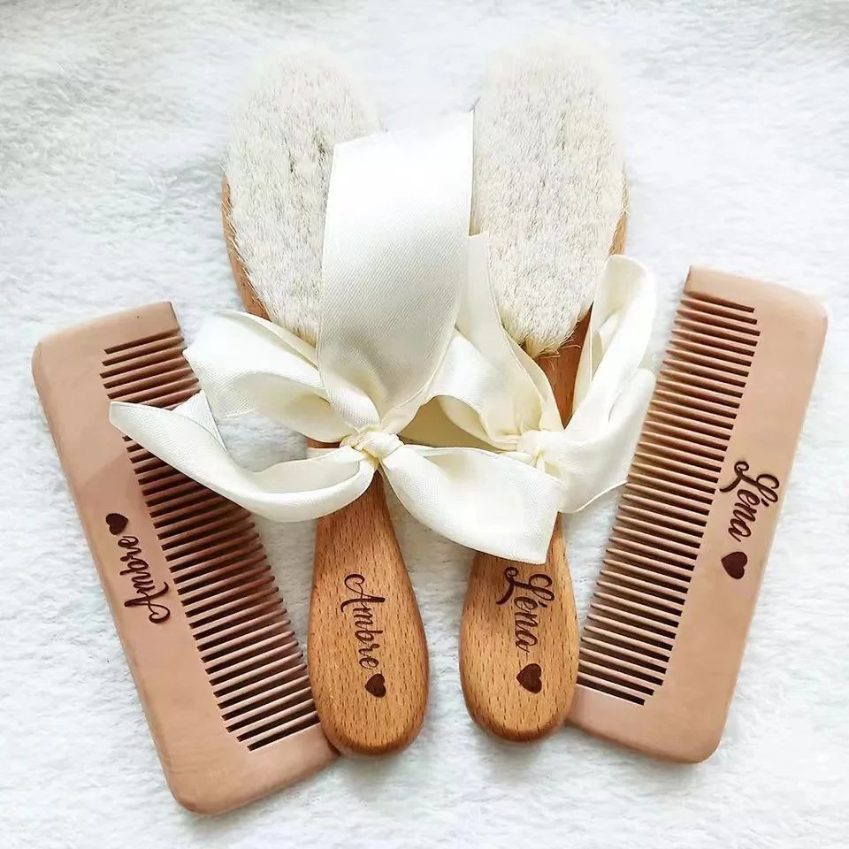 Private Label Eco-friendly High Quality Goat Hair Baby Brush Bamboo Wooden Baby Hair Brush Laser, Baby Hair Brush and Comb Set