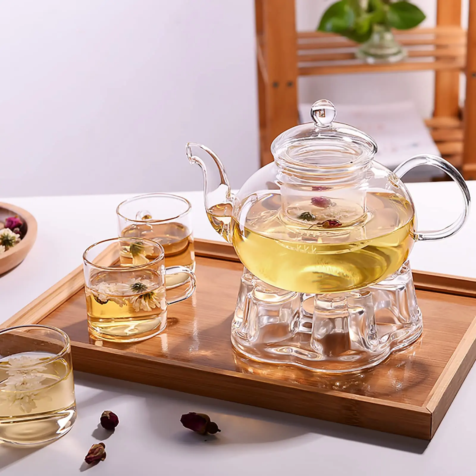 Glass Teapot Set, Tea Kettle Infuser with a Candle Warmer 5 Double Wall Cups and a Removable Strainer Stovetop Safe Tea Pot w