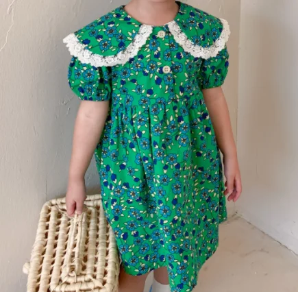 100% Cotton Knee-Length Worsted Short Sleeve Pattern Green Dresses For Baby Girl