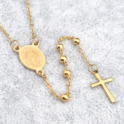 St Benedict Gold Plated Stainless Steel  Religious Long Rosaries Virgin Mary Cross Necklace Catholic Rosary