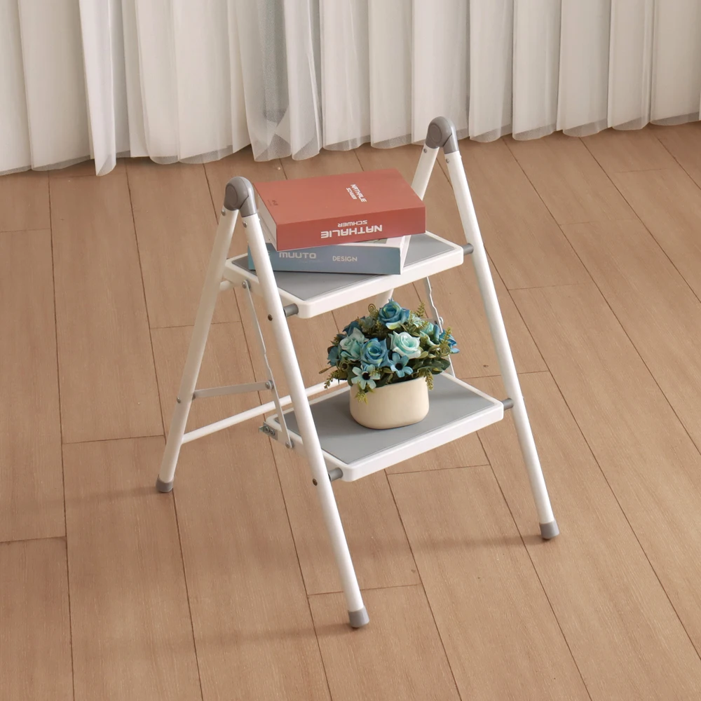Simple design safety fold step stool kitchen metal steel folding 2 step chair ladder with anti-slip foot cap