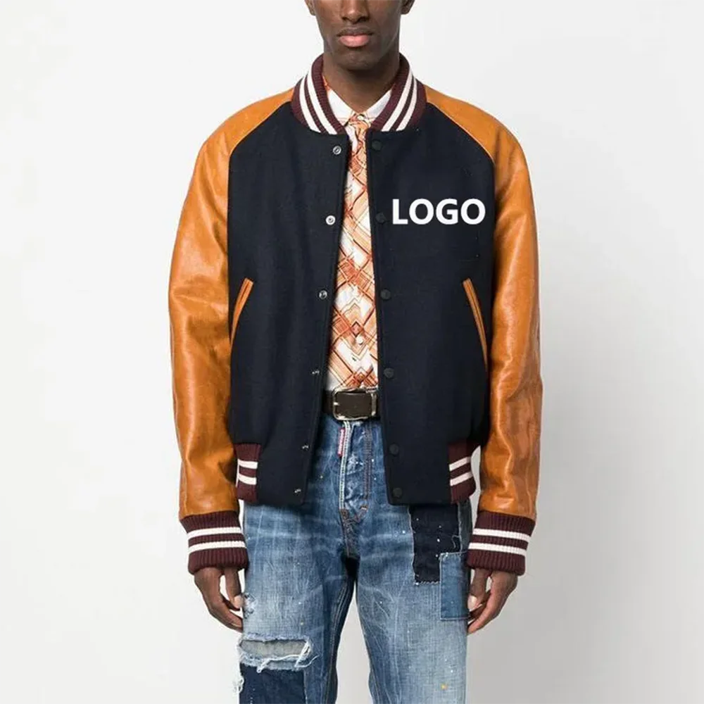 Custom Street Wear Logo Patches Baseball Jacket Baseball Custom Vegan Leather Varcity Varsity Jacket For Men