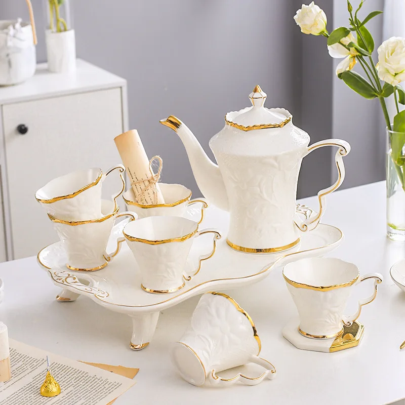Hot Selling Luxury Afternoon Tea Set Restaurant White Gold Rim Ceramic Tea Cup Set Embossed Coffee & Tea Sets With Tray
