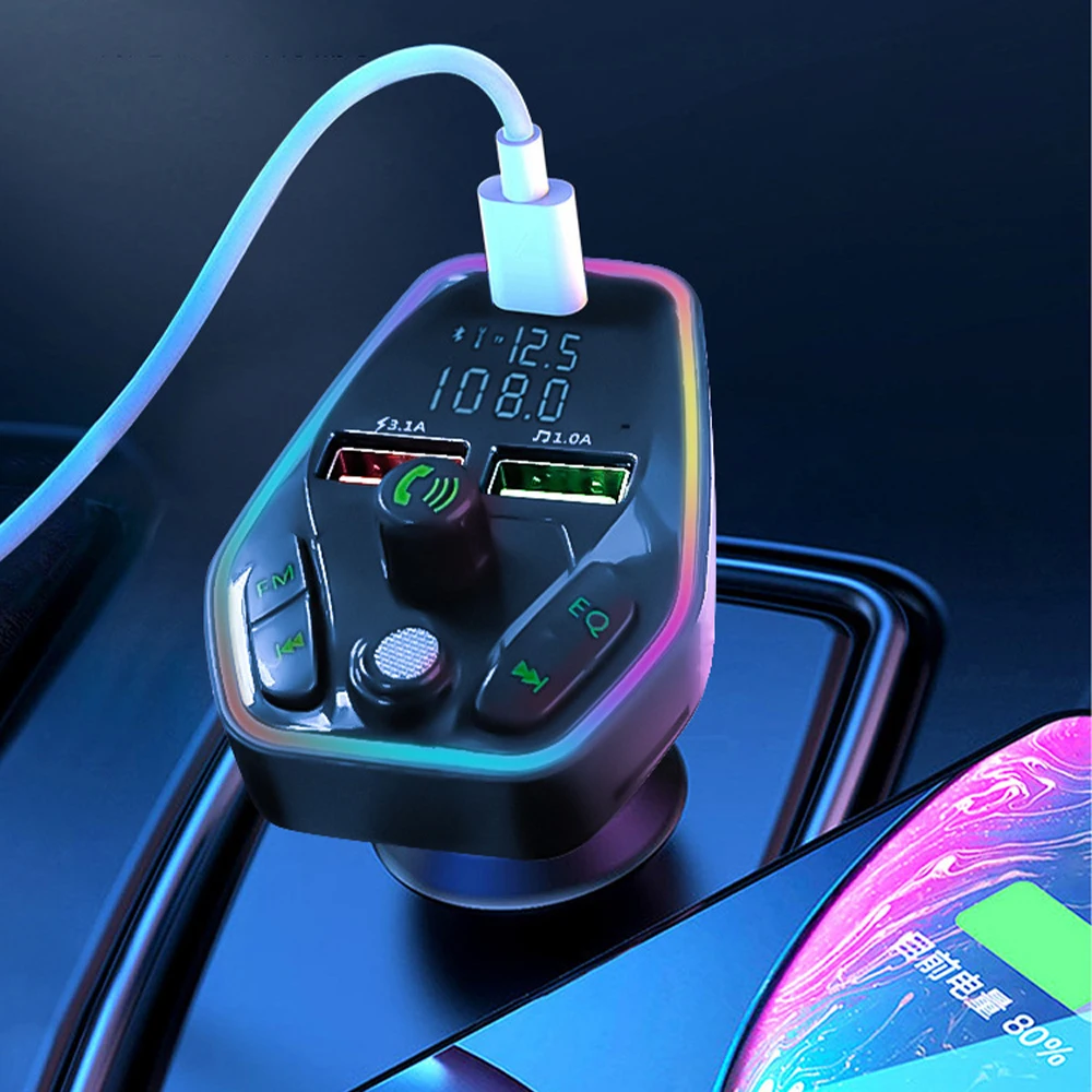 QC3.0 + Type C MP3 Answer call EQ FM RGB light Car Charger button type BT5.1 Wireless Charger disk Car charger
