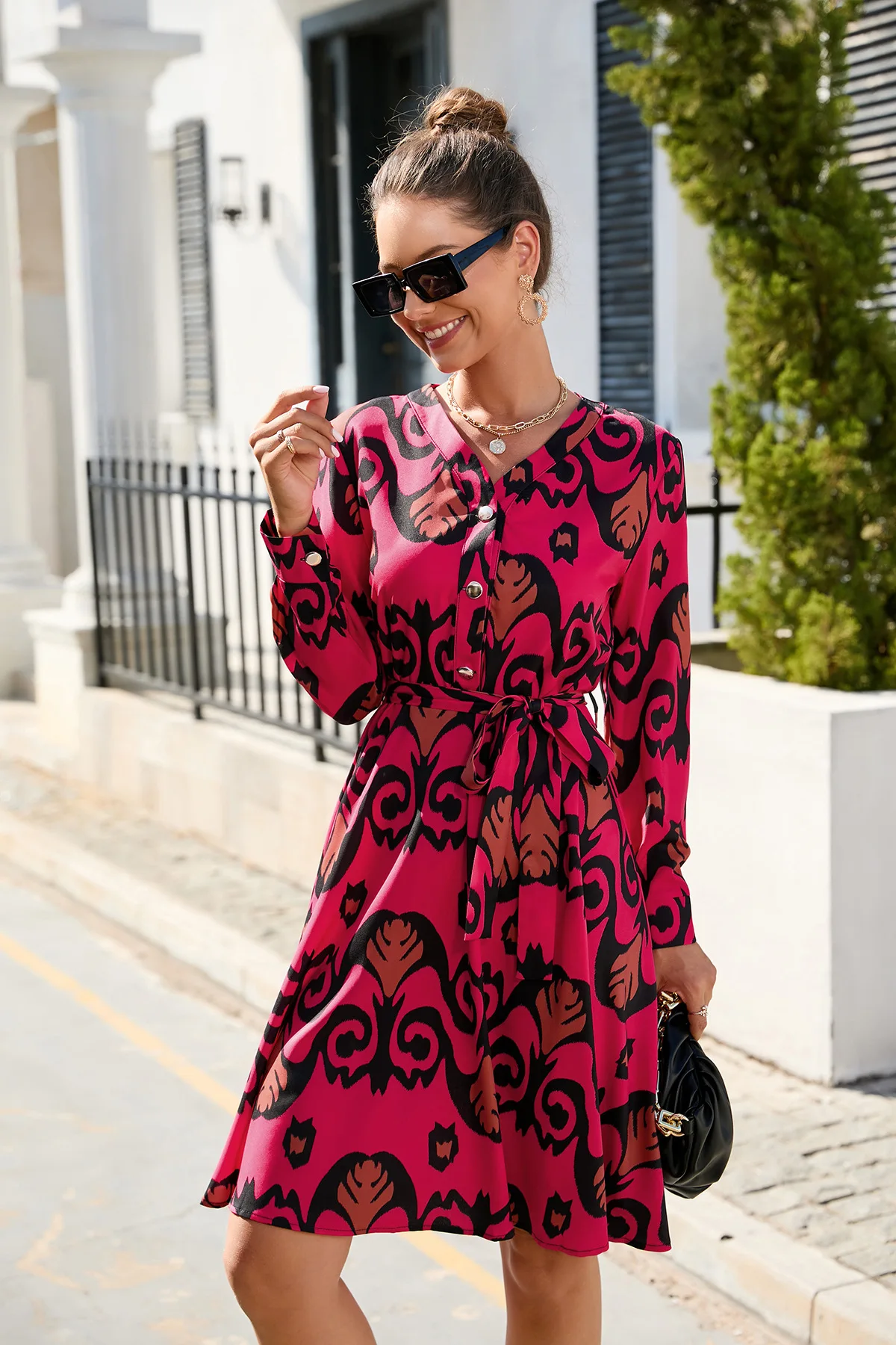 European Station Summer Printed Long Sleeve Swing Dress