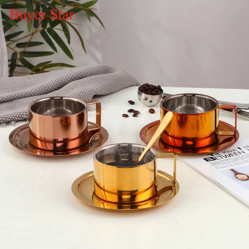 High quality stainless steel coffee cup Gold plated Milk tea coffee Mug Espresso cup with saucer