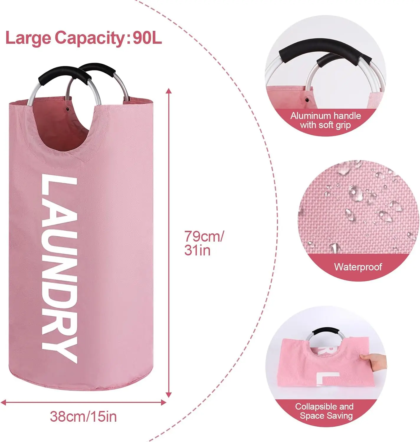 Skymoving New Custom Pink Large Dirty Laundry Basket Foldable Clothes Organizer Fabric Storage Laundry Hamper Bag with Handle