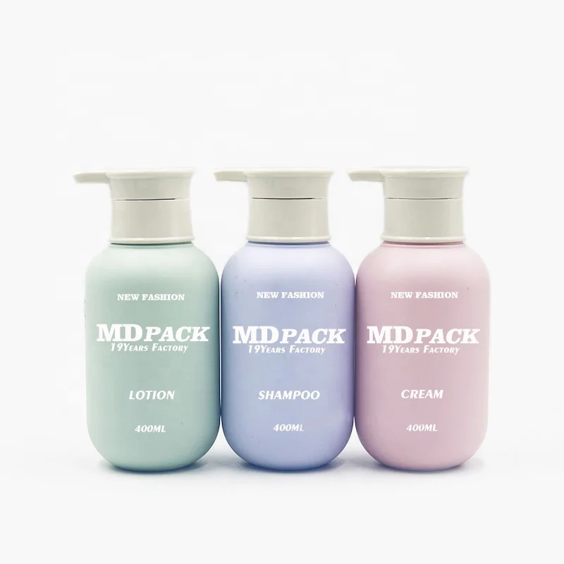 Custom Macaron Color Logo Round Soft Touch Shampoo Lotion Pump Bottle Recyclable Plastic Cosmetic Bottle 400ml
