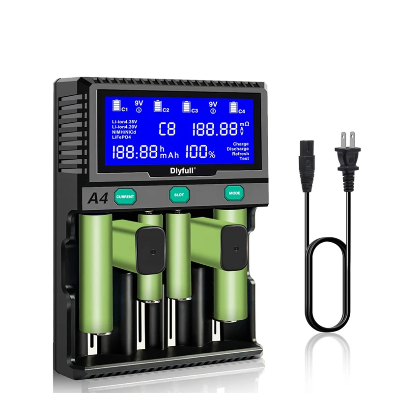 Dlyfull 4 Slots Rechargeable Universal Fast Battery Charger for 18650 AA AAA C D 9V 26650 Household Li-ion LiFePO4 NiMH Battery