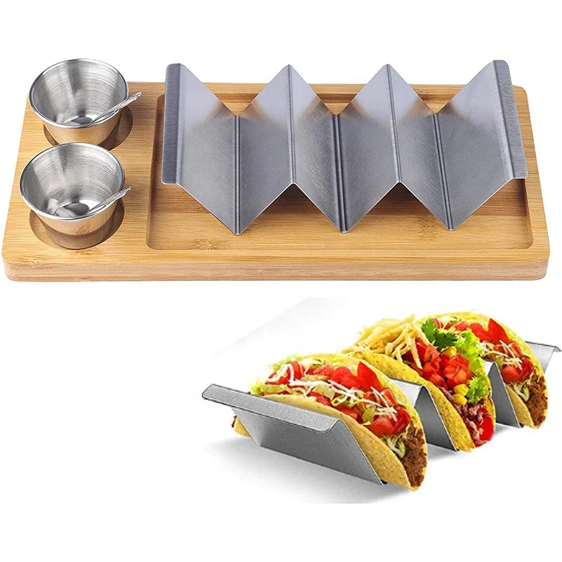 Stainless Steel Taco Stand Holder With Bamboo Tray -Set of 1- Taco Tuesday With Two Sauce Holders and Two Spoons