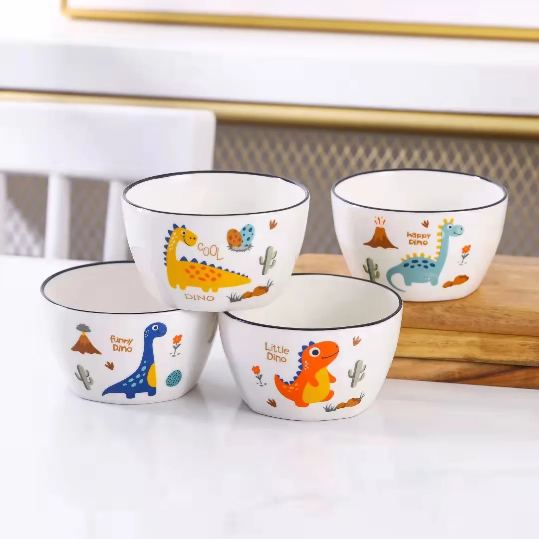 Factory sales cartoon dinosaur square bowl supermarket two yuan store daily ceramic black line 4.5 inch
