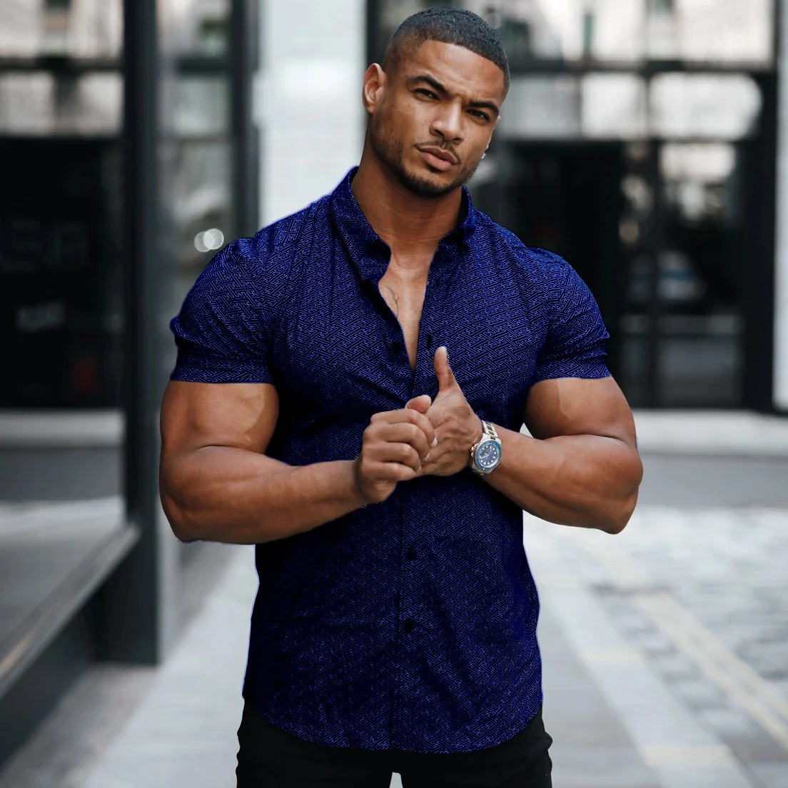 Mens Muscle Fit Button Down Dress Shirts Printed Stretch Slim Wrinkle Free Athletic Wear No Iron Office Attire Tuxedo Shirt