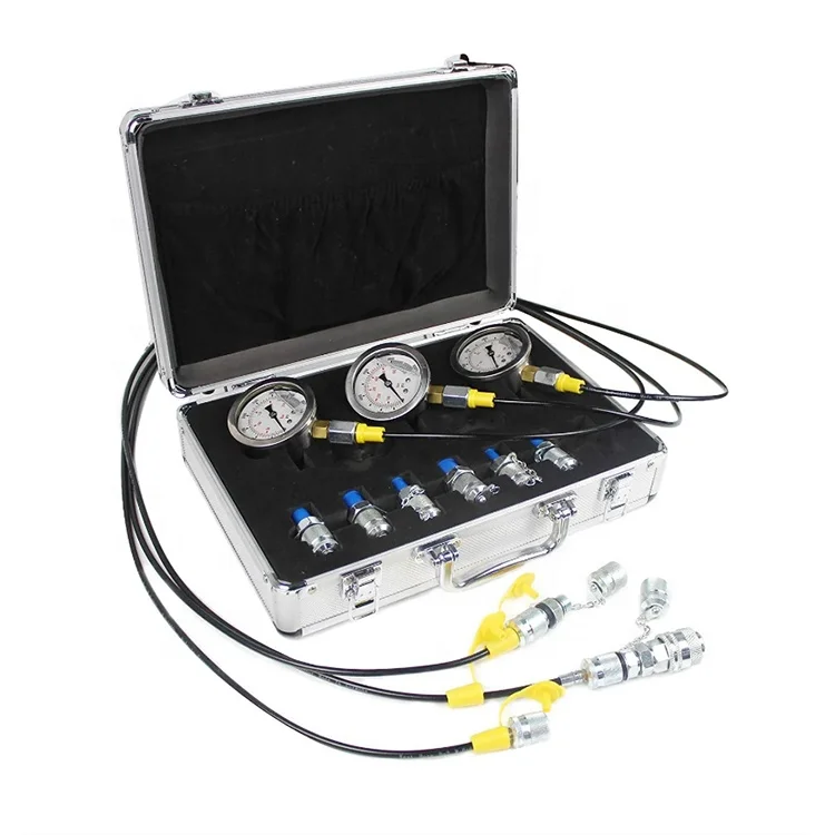 Excavator Diagnostic Tool Hydraulic Pressure Test Kit 3 Gauges 11 Couplings 3 Test Hoses Silver Aluminum Case