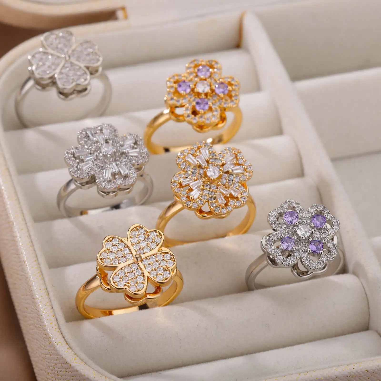 18k Gold plated anxiety and stress ring Women openable mood tracker stress rings four leaf flower anti-stress spinning rings