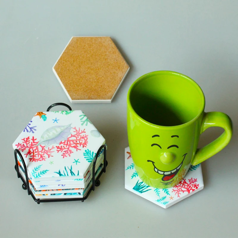 water absorbent marble mug coaster with gold coaster for drinks in metal holder