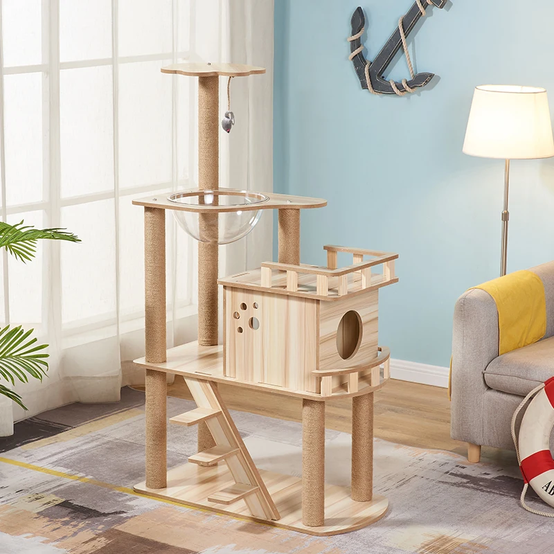 interactive toy luxury wooden climbing cat tree tower with space cover