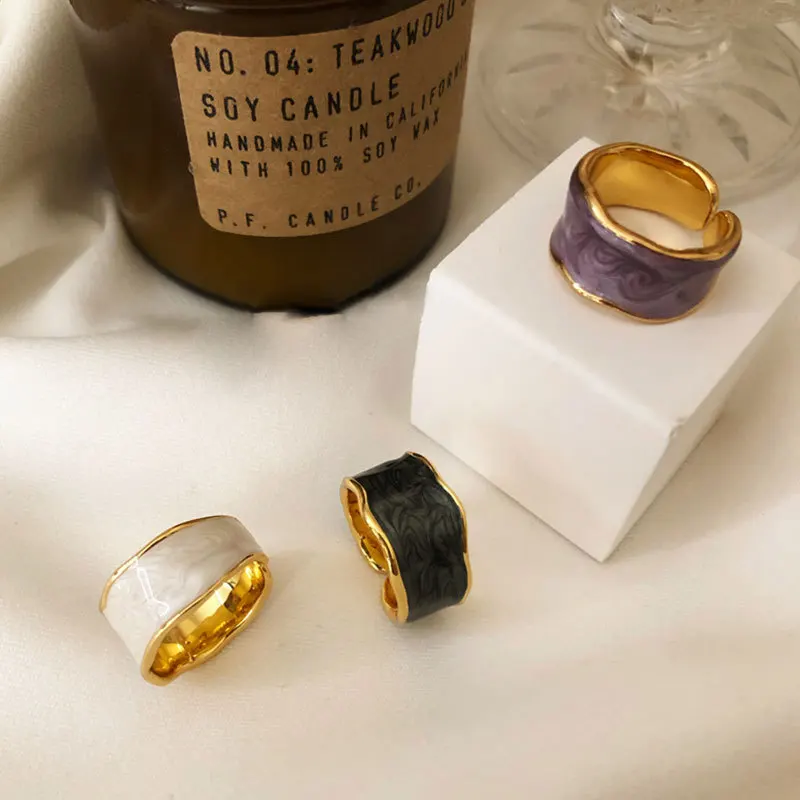 Wholesale luxury resizable colorful big chunky gemstone black stone gem opal agate amethyst ring gold plated jewelry women cuban